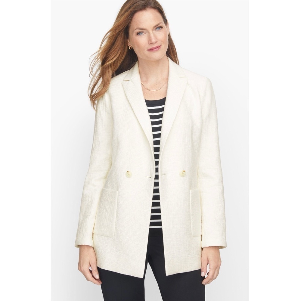 Talbots Textured Double Breasted Longline Blazer Cream Ivory 8 Quiet Luxury